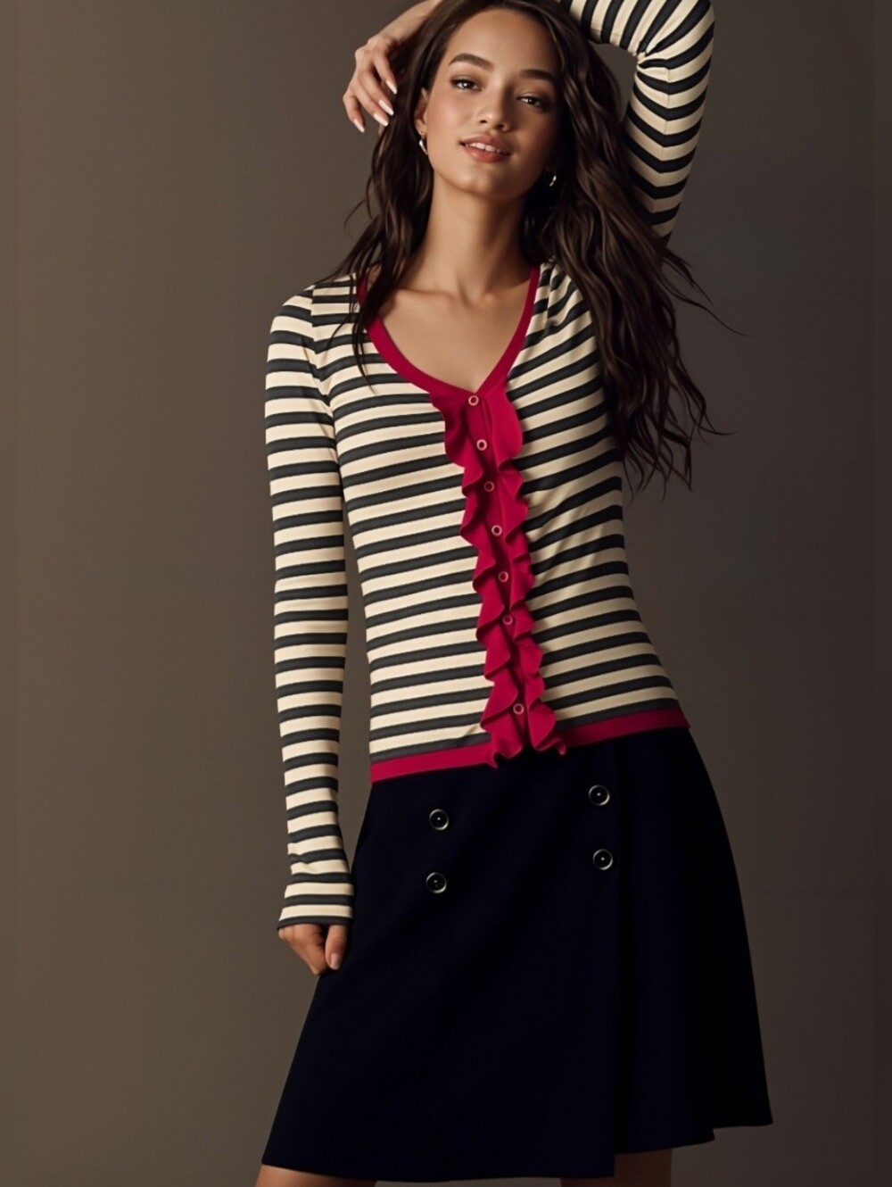 Anthropologie Sparrow Striped Ruffle Cardigan Cream & Gray with Pink Trim